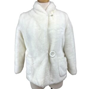 Vintage AMY LEE Faux Fur Jacket Womens (12) Y2K White Button Satin Lined USA